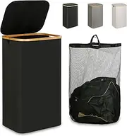 iEGrow Laundry Hamper with Lid, 110L Large Handle and Collapsible Clothes Bsket Organizer Removable Inner Bag for Clothing Toys Towels - Black