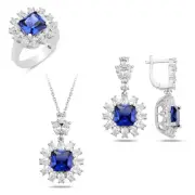 925K Sapphire Silver Jewelry Set Handmade Unique Earring Ring Necklace for Her
