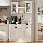 GTFURNI 71" Tall Kitchen Pantry Storage Cabinet Large Farmhouse Hutch Cabinet with Microwave Stand, Charging Station, Adjustable Shelves, Countertop for Dining Room, Living Room, White