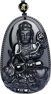 [Bella Jade] Buddha Pendant Necklace Bodhisattva Amulet Talisman Made of Obsidian Gemstone