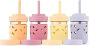 Elk and Friends 8oz Glass Kids + Toddler Drinking Cups | The Original Mason Jars with Lids + Sleeves + Straws | Smoothie Cups | Spill Resistant | Dishwasher Safe | 4 Pack