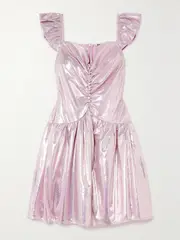 [BATSHEVA] BATSHEVA - Wendy Ruched Holographic Lamé Mini Dress - Purple - US12 US 12 Purple