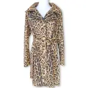 NWT Elie Tahari Faux Suede Leopard Print Belted Trench Coat Small