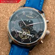 Mens Automatic Mechanical Watch Date Day Rose Gold Black Dial Blue Leather
