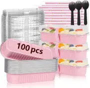 100 Pack Mini Loaf Pans with Lids and Spoons Sealing Sticker, Regular, Pink