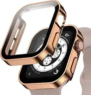 GEITOO Waterproof Case for Apple Watch Series 9 8 7 41mm, Straight Edge Hard PC Cover with Tempered Glass Screen Protector, Protective Bumper for iWatch Case 41mm, Rose Gold