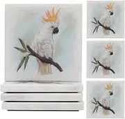 Coasters Set of 4 White 100% Handmade Marble Coffee 10 CM Birds Printed Square Coaster Plates for Glass Drinks - Ideal for Car and Outdoor Pot Mat Caddy Kitchen Cup Pad Coaster Plates (Design: Cockatoo)
