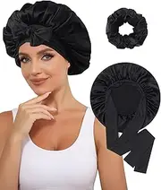 100% Mulberry Silk Bonnet for Women Hair Bonnet for Sleeping with Hair Scrunchy Elastic Tie Band Night Cap