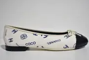 Chanel 23P White Navy Blue CC Coco Logo Cap Toe Bow Tie Ballet Ballerina Flat 37