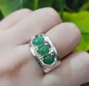 Natural Chitrali Emerald Ring Three Stones Pota Emerald Ring Sterling Silver