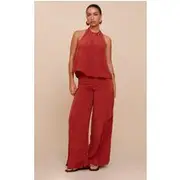 Rust Crinkle Satin Halterneck Overlay Jumpsuit, Rust