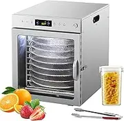 10/12 Tier Stainless Steel Rotary Food Dehydrator, 800W Fruit Dryer Machine with Food Clip Dried Fruit Jar, 30-90℃ Temperature/24H Timer Adjustment, Jerky Dehydrators for Vegetable 10 Layers