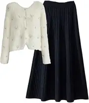 [Generic] Women Sweet French Pearl Beading Coats+High Waist A-Line Knitting Skirts Set