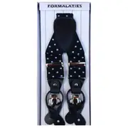 Mens Premium Convertible Suspenders Braces Clip On Elastic Y-Back Traditional Leather Tab - Polka Black/White