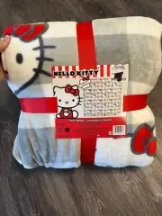 Hello Kitty Plush Throw Blanket Grey With Red Bow FULL/QUEEN 90 X 90