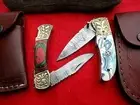2 x DAMASCUS STEEL Folding Pocket Knives,Bush Hunting/Fishing Knife