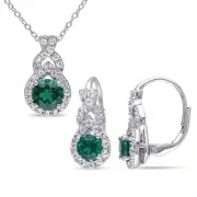 Amour Silver Ceated White Sapphire & Created Emerald Earrings Pendant, Chain Set