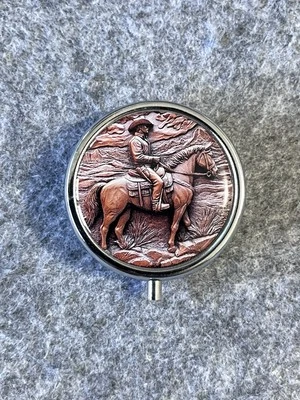 Western CowBoy On Horse Silver Round Snuff/Pill Box With 3 Compartments & Mirror