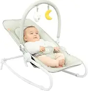 Badabulle Folding Baby Bouncer Chair Lichen - Adjustable Padded Backrest - Fixed or Rocker - 3-Point Safety Harness - Detachable Play Arch - Removable Cover