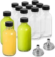 12-Pack 2 oz (60ml) Glass Bottles with Lids & 2 Stainless Steel Funnels, Reusable Small Containers for Juice, Spices, Potions, Essential Oils, Travel, DIY, Eco-Friendly, Leak-Proof, Dishwasher Safe