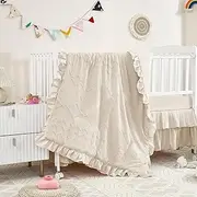 NacoMoco 3-Piece Tufted Ruffle Crib Bedding Set for Girls - Ultra Soft Baby Bedding Set Includes Boho Crib Comforter, Sheet & Skirt (Beige)