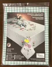 NOS Tobin Stamped Tablecloth Embroidery Gingham Rose Green Plaid Oval 58”x86”