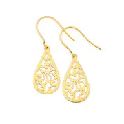 9ct Gold Flat Filigree Teardrop Hook Drop Earrings