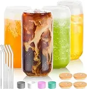 Drinking Glass Set of 4, 500ml Can Shaped Glasses Cups, Iced Coffee Glasses, Beer Tumbler, for Whiskey, Soda, Tea, Juice, Gift, with Lid, Straw and Sleeve