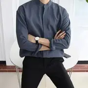Long Sleeve Band Collar Plain Button Shirt Gray - 3XL