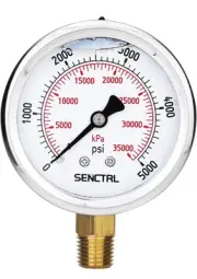 Pressure Gauge,Glycerin Filled,2-1/2" Dia, 0-5000 psi, 1/4 NPT Lower Mount