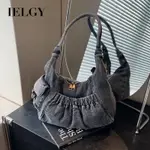 IELGY 復古水洗牛仔布腋下包 潮流辣妹機車包 百搭單肩餃子包