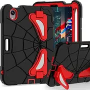Kids Case for iPad Mini 7 A17 Pro 2024/ Mini 6 8.3 inch, Spider Case for iPad Mini 7th 6th Generation, Shockproof Durable Full Protective Cover with Pencil Holder, Kickstand (Black+Red)