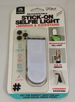 Selfshot Stick On Selfie Light Mirror & Kickstand 3 LED Modes Rechargeable NEW