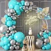 Teal Blue Silver Balloons Garland Arch Kit, 91Pcs Teal Blue Silver Latex Balloons for Birthday Party Graduation Wedding Holiday Balloon Decoration