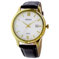 在飛比找蝦皮購物優惠-SEIKO WATCH 精工簡約復古金框白面日期咖啡色皮帶紳