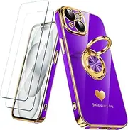 Compatible for iPhone 15 Case with 2 Pack Screen Protector, 360° Rotatable Ring Holder [Luxury Hearts Pattern] Plating Gold Edge Slim Soft Phone Cover Case for iPhone 15 - Neon Purple