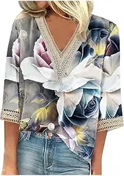 [Generic] 3/4 Sleeve Tees for Women Summer,Womens t Shirts Loose fit 3/4 Loose Sleeve Knit Tops for Women Summer Tops for Women Boho tees for Women Womens Summer t Shirts Spring Shorts