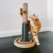 Cattitude Cat Scratch Post Soother, Wood, 54cm Height - Scratching Post, Massage Brush, Hanging Pom Poms