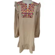 NWT Kirundo Dress Women's XL Beige Floral Embroidered Knee Length Ruffle