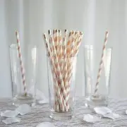 150 pcs 8" White and Rose Gold Biodegradable Striped Paper Straws Wedding Party