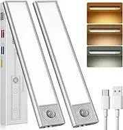 2PCS Under Cupboard Kitchen Lights LED - Cabinet Light Motion Sensor Indoor Rechargeable Strip Wardrobe Lighting Battery Operated Magnetic Stick on Wireless USB Powered for Shelf Stairs (2 PCS (20CM))