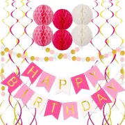 Pink Birthday Decorations with Happy Birthday Banner, Paper Honeycomb Balls, Cir