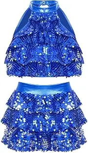 [Kvysinly] Kids Girls Sleeveless Sequins Tiered Crop Top With Skirt Latin Jazz Modern Salsa Samba Rumba Dance Cotume