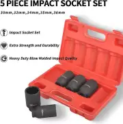 5Pc 1/2" Drive Deep Impact Socket Set Metric 30-36mm Heavy Duty w/Case, Axle Nut