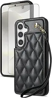 [Asuwish] Phone Case for Samsung Galaxy A15 5G/4G Wallet Cover with Tempered Glass Screen Protector and Wrist Strap Credit Card Holder Stand Slot Rugged Cell Accessories A 15 G5 15A Women Men Black