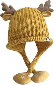 [ROMISBABA] Pompom Hat with Lining Ear Flaps Knitted Beanie for Photos Reindeer Antler Design Keeps Ears Warm for Fall Winter Outfits Yellow