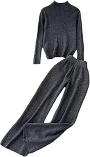 [Generic] Women's Sweater Suits Turtleneck Long Sleeves Pullover Tops High Waist Wide Legs Pants 2Pc Set Tracksuit Lounge Sets