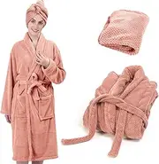 [TOCOHO] Women Microfiber Coral Fleece Full- Length Bathrobe with Hair Towel Wrap, Soft, Absorbent and Warm