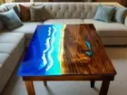 Walnut Wooden Epoxy Square Ocean Waves Epoxy Coffee Table Top, Living Room Decor