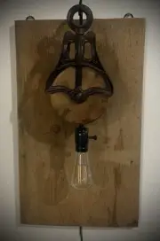 Antique Wooden Pulley Lamp On Reclaimed Barnwood One Of A Kind